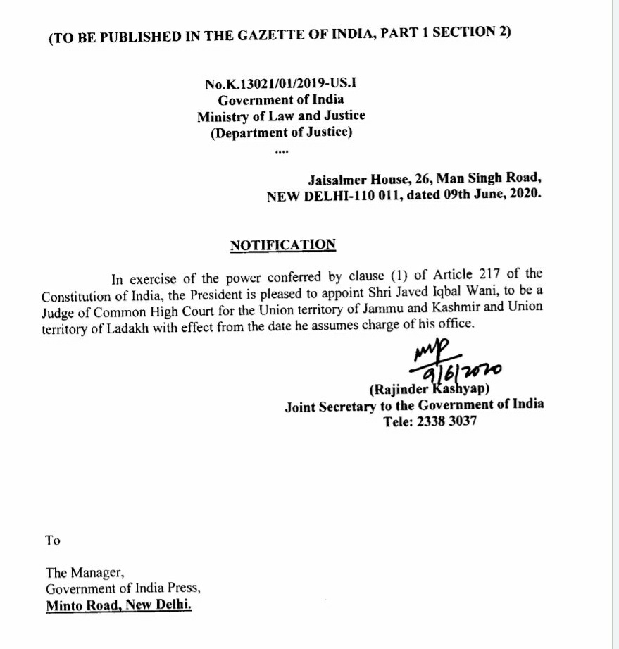 Javed iqbal wani appointed J&K high court judge