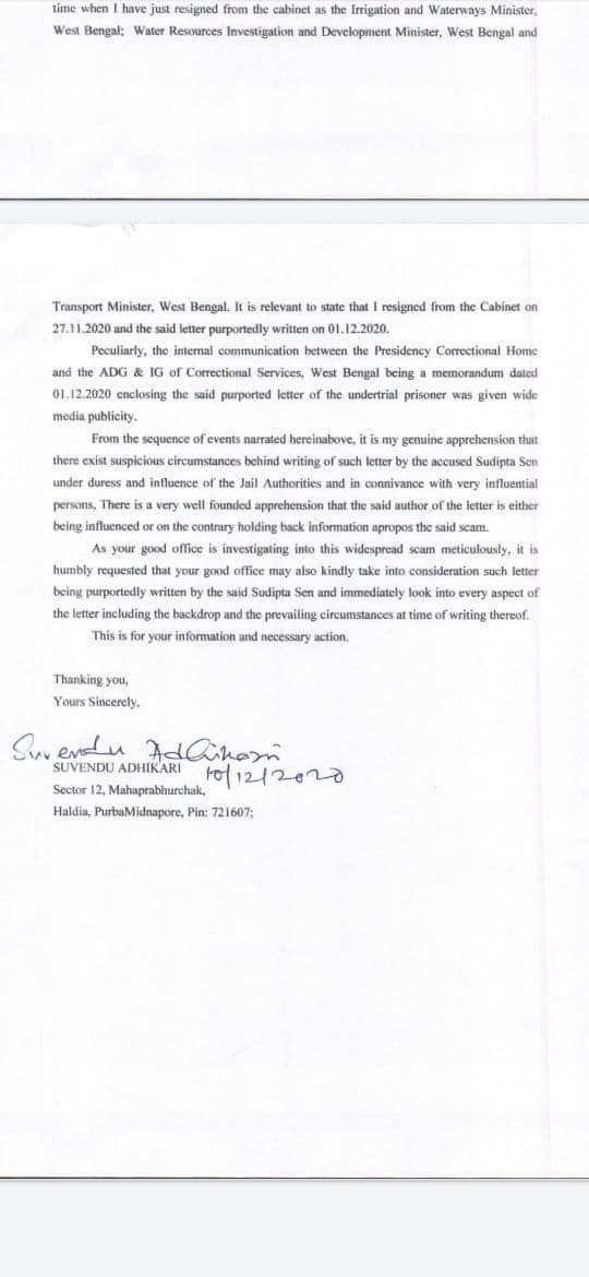 Suvendu Adhikari writes to CBI on Sudipta Sen's letter