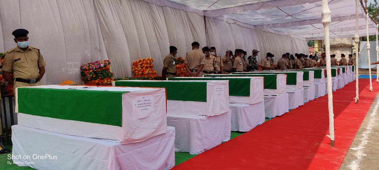 Union Home Minister Amit Shah and Chief Minister Bhupesh Baghel lay wreath at the coffins of 14 security personnel