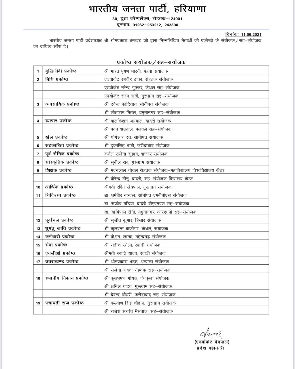 haryana bjp new appointment list