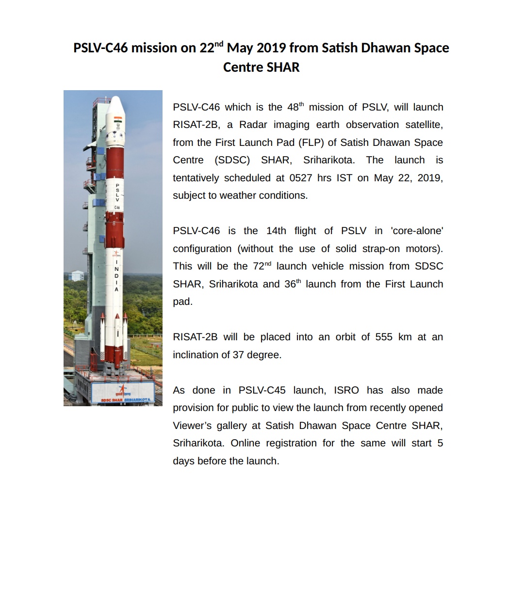 on 22nd, risat 2p satellite get launch- isro