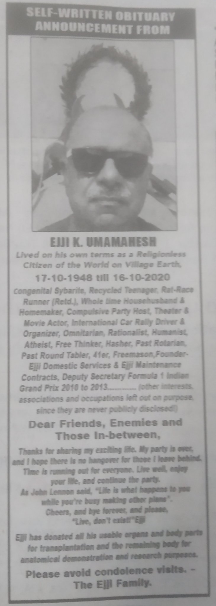 Chennai man self obituary is a life lesson for all of us