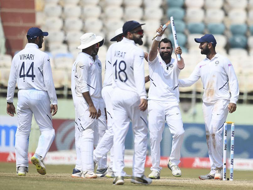 Mohammed Shami celebrates a moment of his fiery fourth innings spell with a broken stump as India defeated South Africa by 203 in 1st Test.