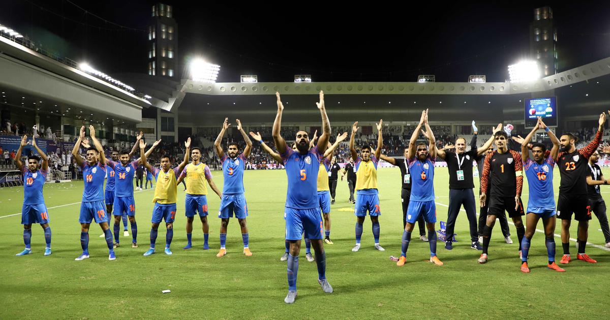 Indian team after that historic draw against Qatar at  Jassim bin Hamad Stadium in Doha.