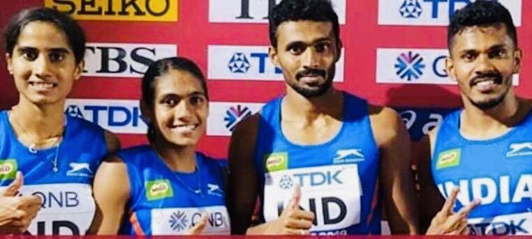 V.K. Vismaya (L), Jisna Mathew (2nd from L), Mohammed Anas (M) and Noah Nirmal Tom (R) pose for a photo after helping India 4x400 metres team to qualify for the 2020 Tokyo Olympics.