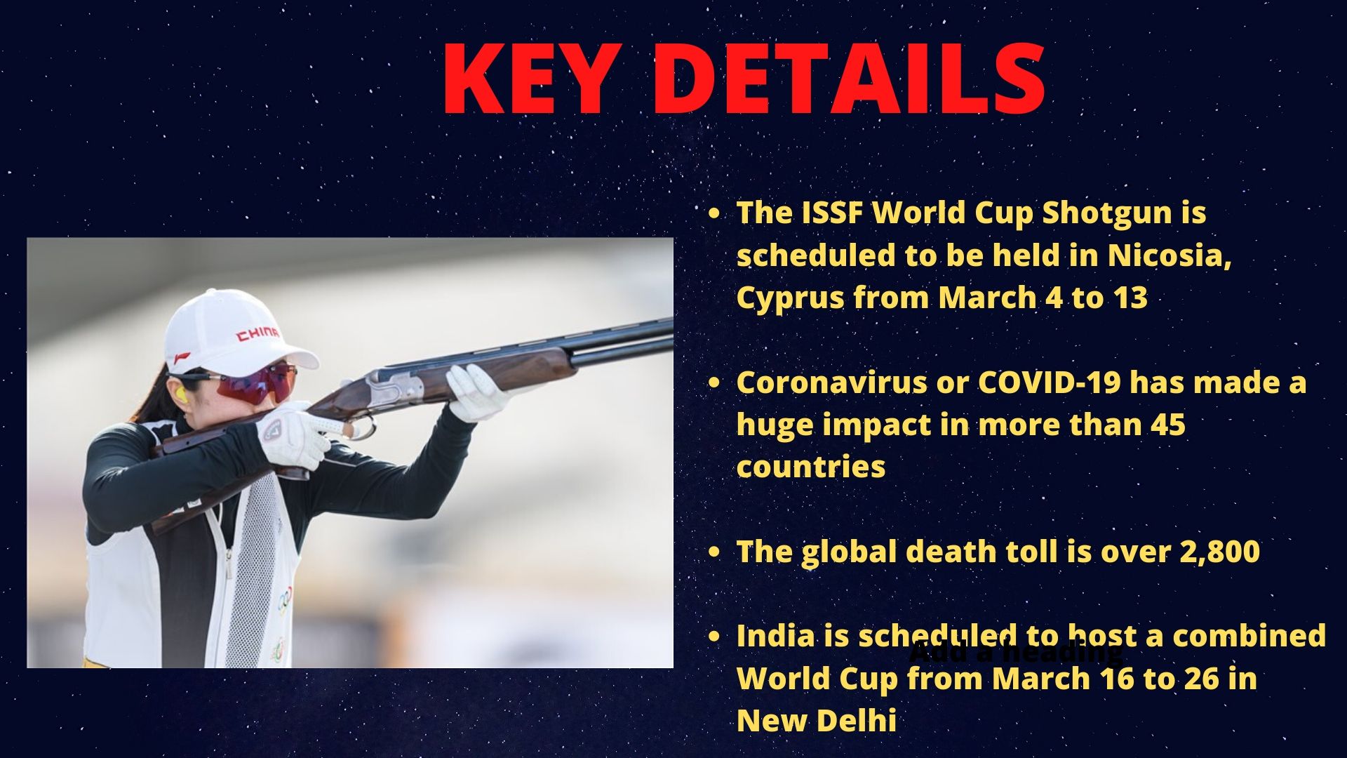 A few things to know about ISSF Shooting World Cup that has been affected by Coronavirus epidemic.