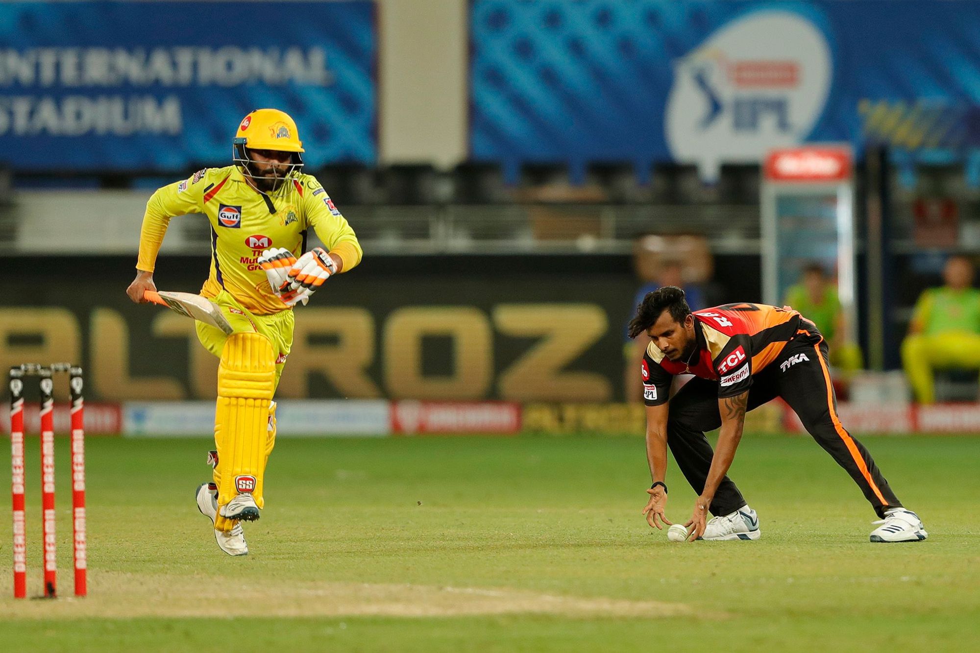 Ravindra Jadeja of Chennai Superkings taking a single during match 29 of IPL 2020 between the Sunrisers Hyderabad and the Chennai Super Kings held at the Dubai International Cricket Stadium on Tuesday.