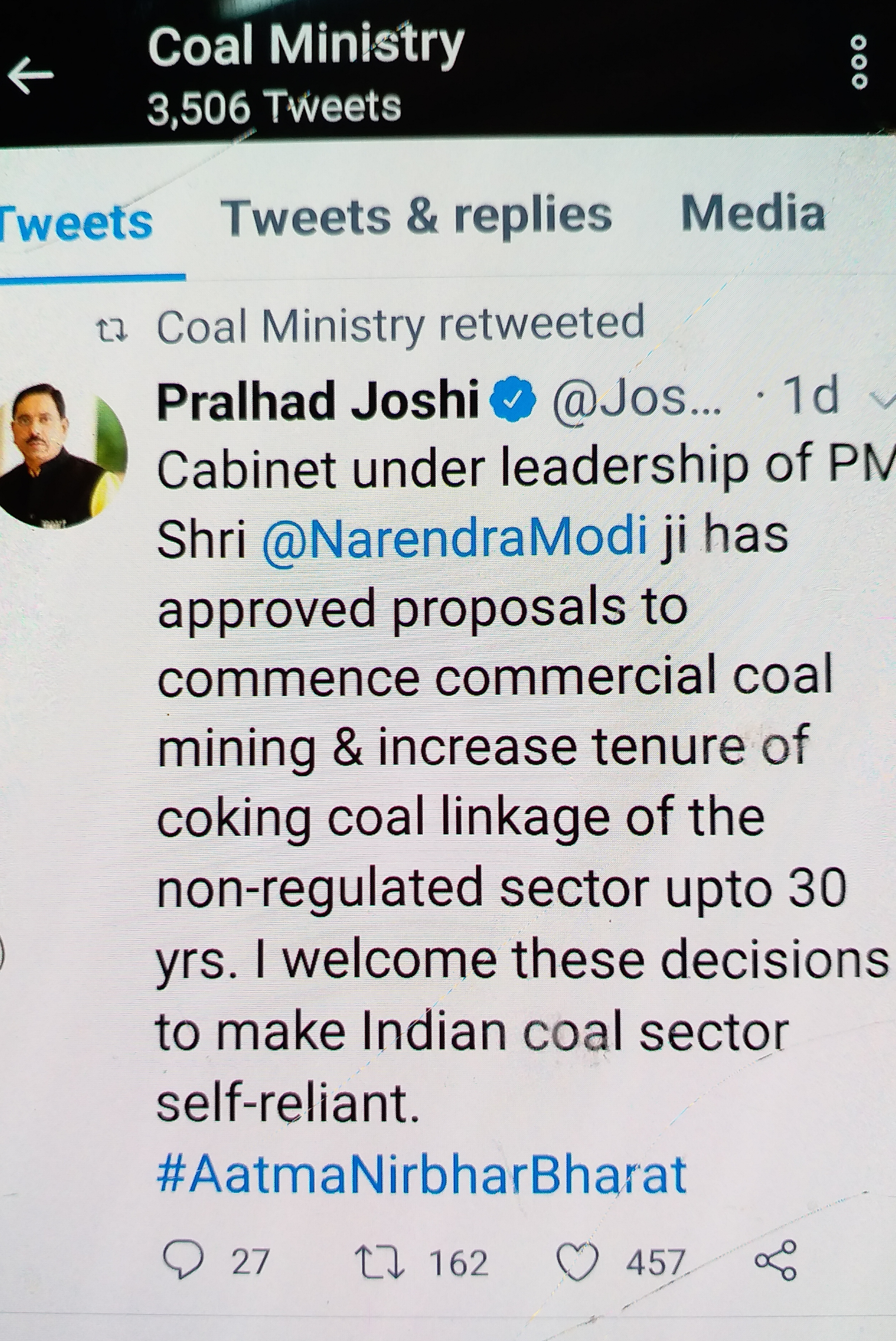 Coal Minister Prahlad Joshi tweeted