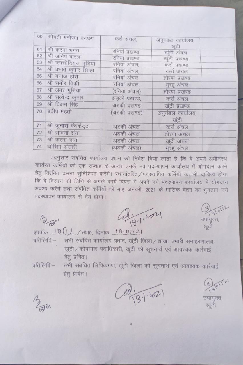 transfer posting of 72 clerk to different block areas in khunti