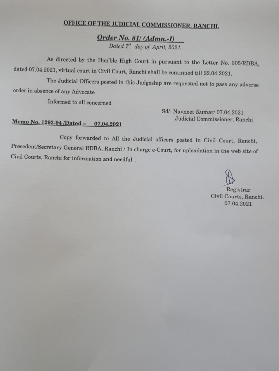 physical hearing will suspended till 22 april in ranchi civil court