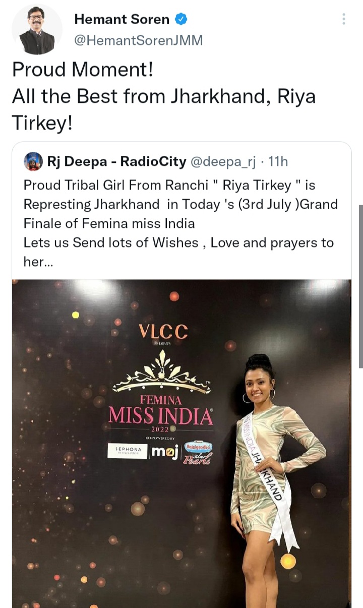 cm-hemant-soren-congratulates-riya-tirkey-on-reaching-femina-miss-india-grand-finale-from-jharkhand