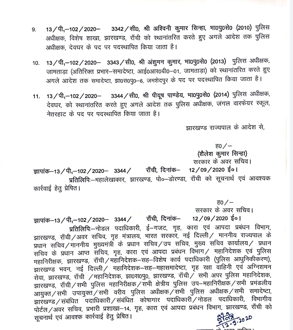 transfer of eleven ips officers in jharkhand, झारखंड सरकार ने 11 IPS अधिकारियों का किया तबादला