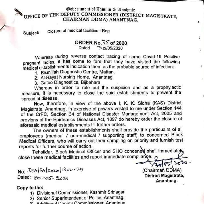 An order has been issued to close several private medical centers in Anantnag