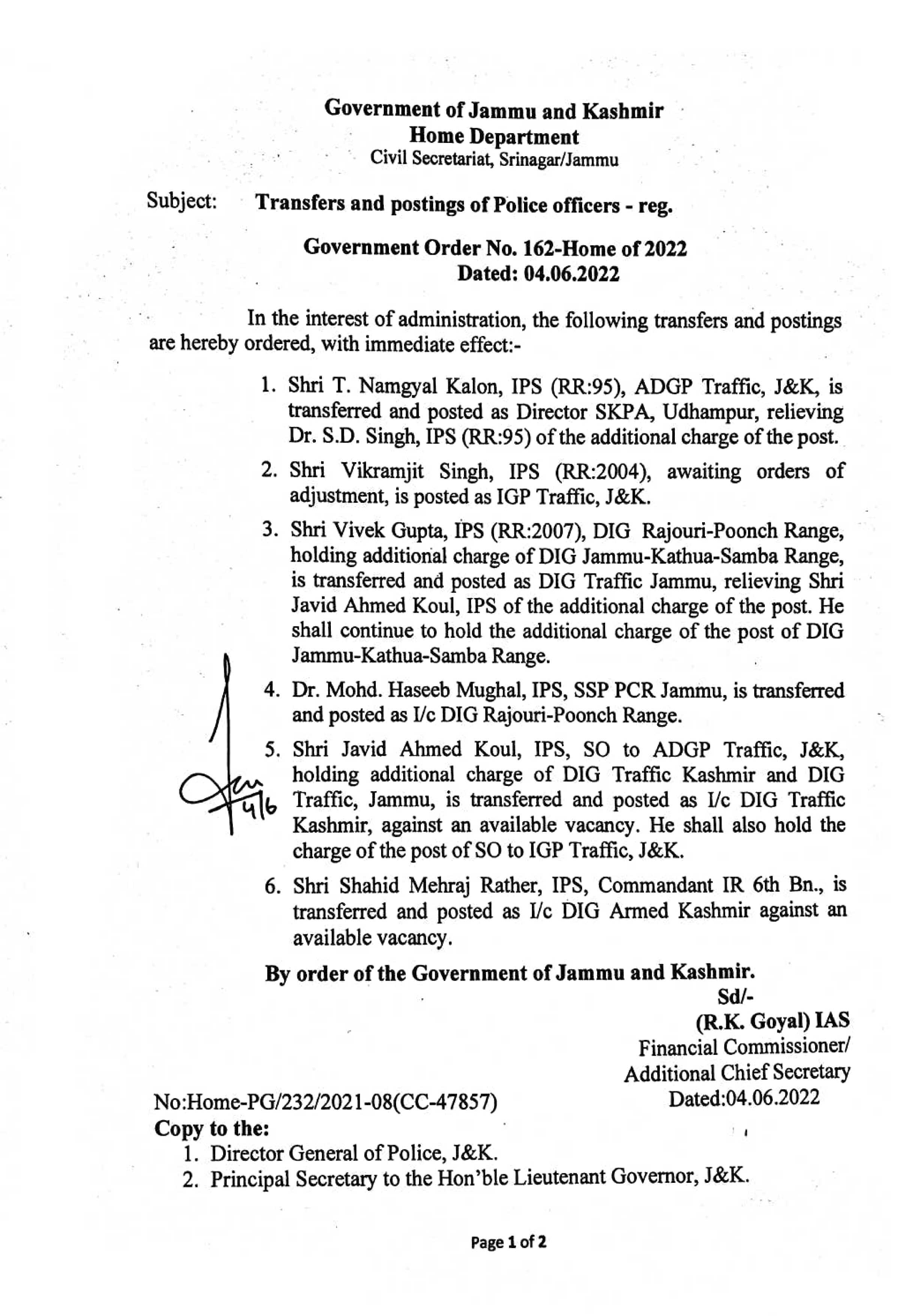 jk administration transfer 6 IPS officials in j&k