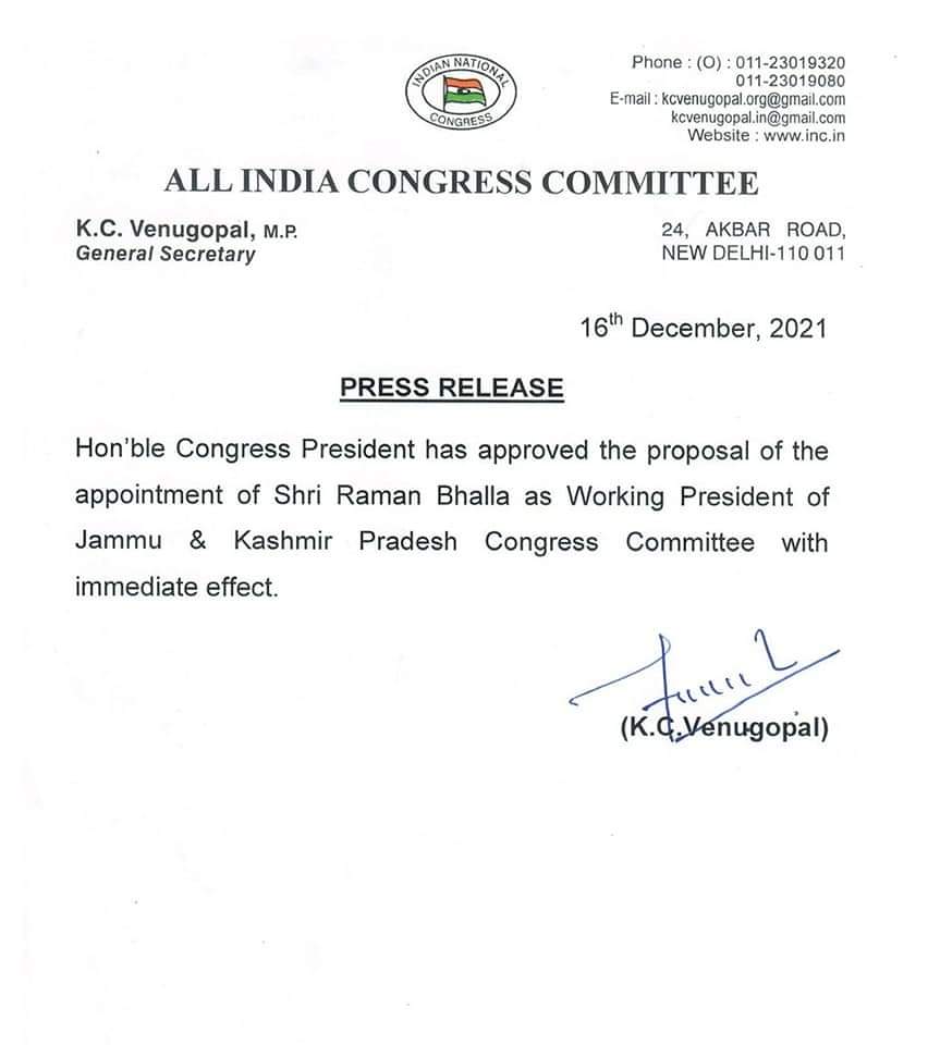 Raman Bhalla Appointed As Working President Of J&K Congress