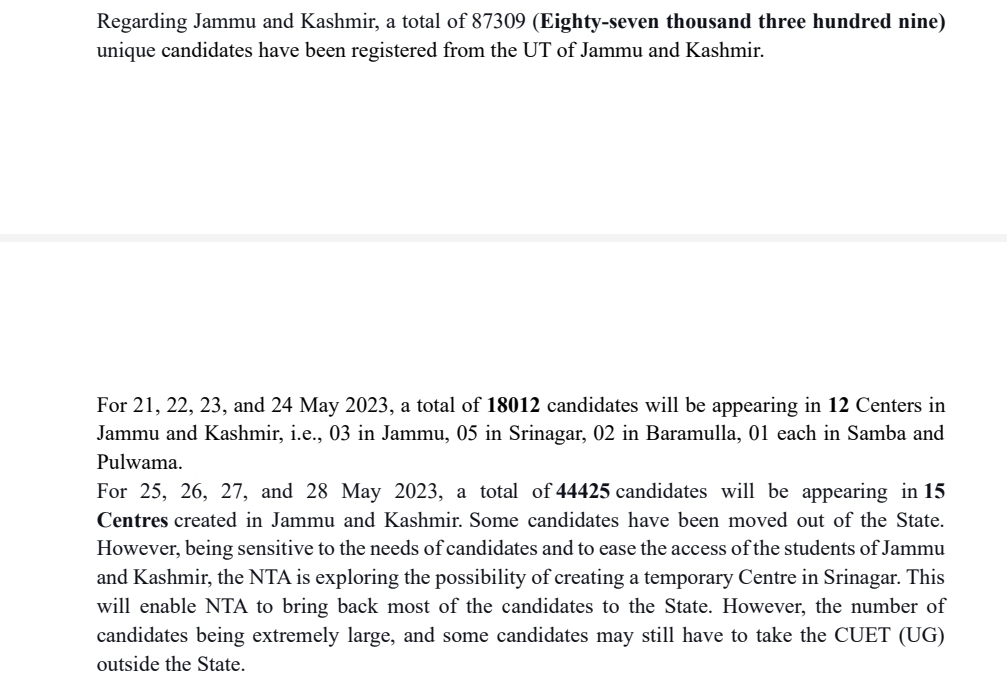 CUET UG 2023: NTA exploring possibility of temporary centre in Srinagar