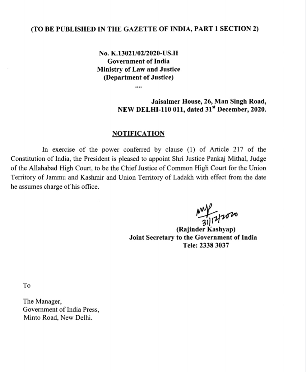 justice pankaj mithal appointed chief justice jammu and kashmir high court