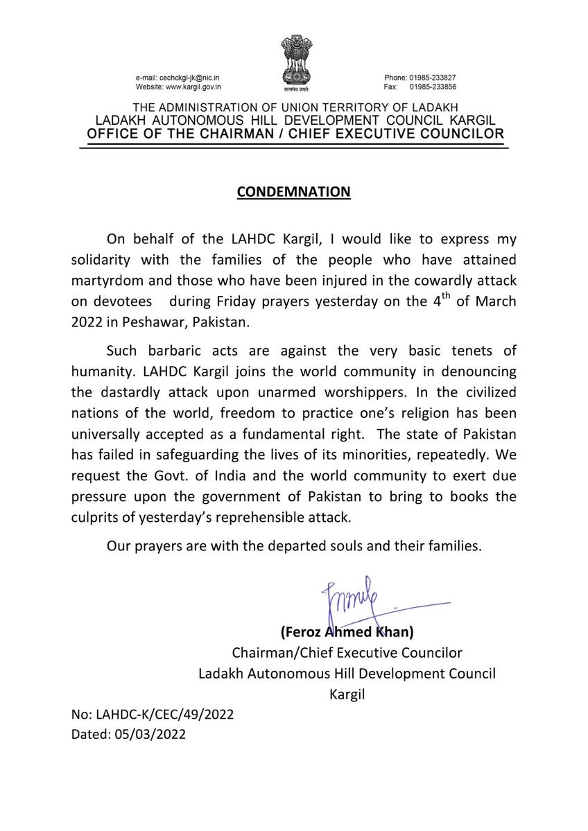 LAHDC Kargil Condemns Peshawar Attack
