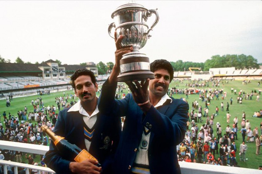 Kapil Dev lifting the World Cup trophy