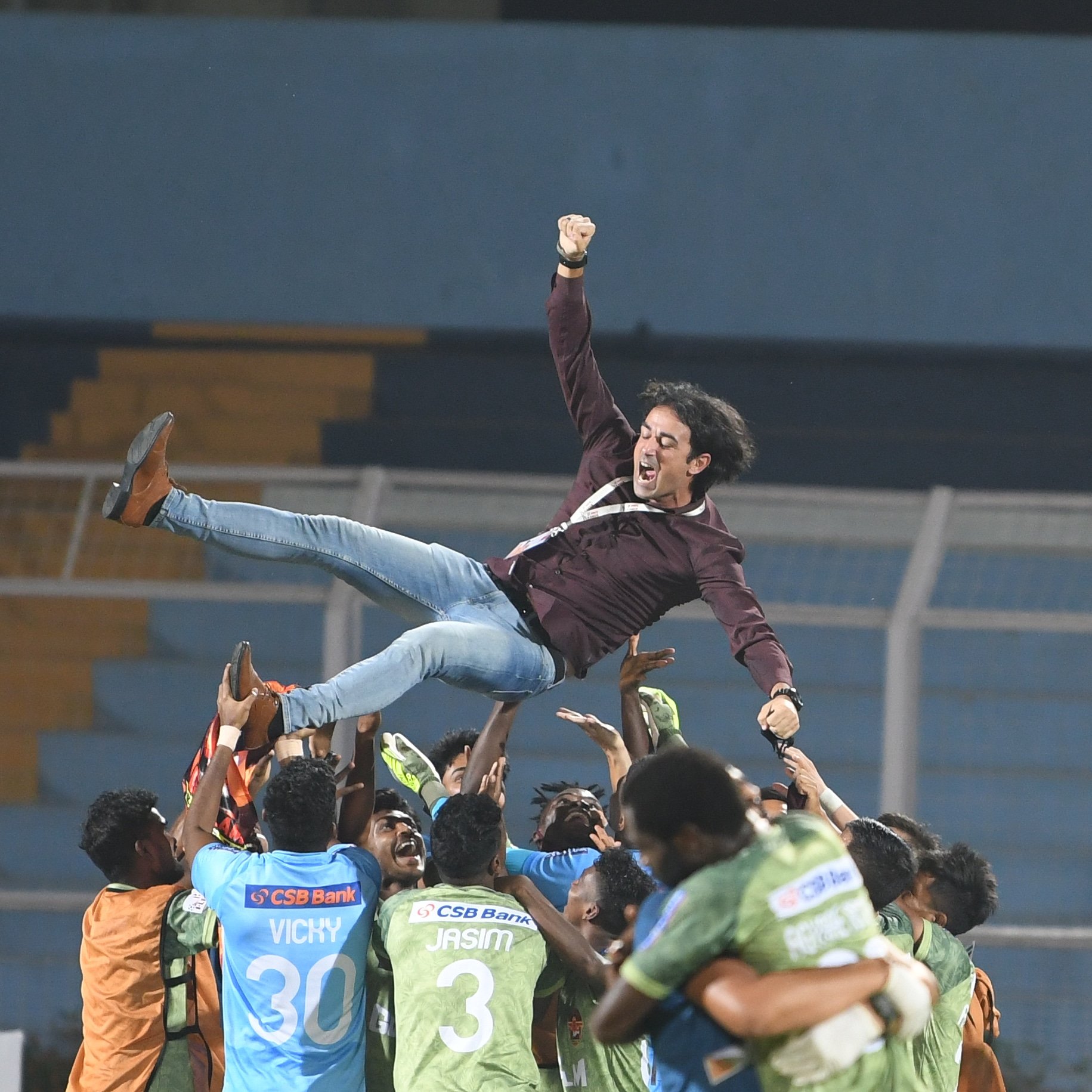 Gokulam Kerala FC head coach Vincenzo Annese is being hailed in the air by his players.