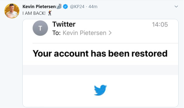 Kevin Pietersen's locked Twitter account restored