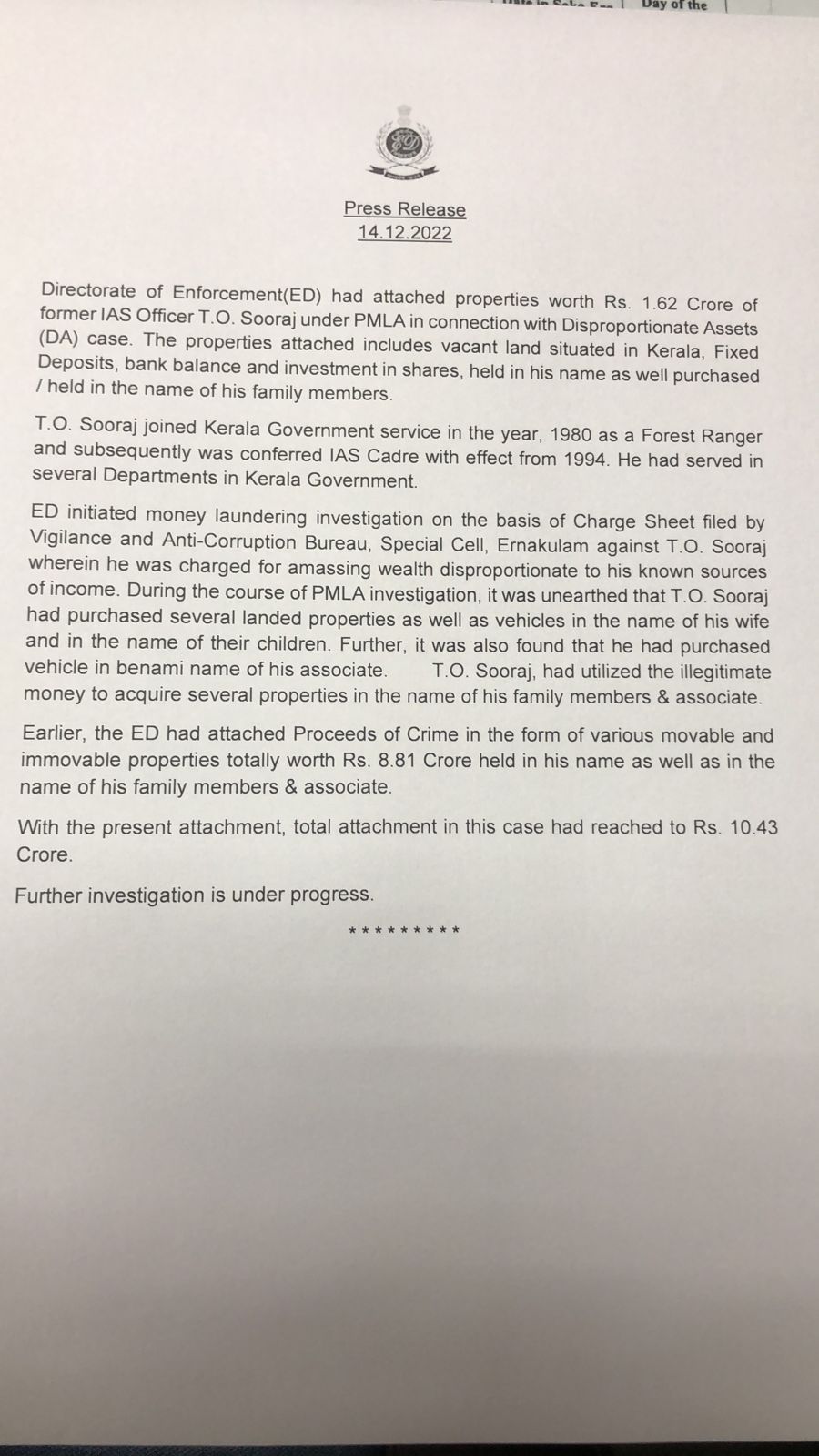 ed seizes illegal assets  illegal assets  former public works secretary  t o sooraj  Prevention of Black Money Act  t o sooraj illegal assets  latest news in ernakulam  latest news today  അനധികൃത സ്വത്തു സമ്പാദനം  മുൻ പൊതുമരാമത്ത് സെക്രട്ടറി  ടി ഒ സൂരജ്  ടി ഒ സൂരജിന്‍റെ അനധികൃത സ്വത്തുക്കള്‍  എന്‍ഫോഴ്സ്മെന്‍റ് ഡയറക്‌ടറേറ്റ്  വിജിലൻസ്  കള്ളപ്പണം തടയൽ നിരോധന നിയമ പ്രകാരം  എറണാകുളം ഏറ്റവും പുതിയ വാര്‍ത്ത  ഇന്നത്തെ പ്രധാന വാര്‍ത്ത