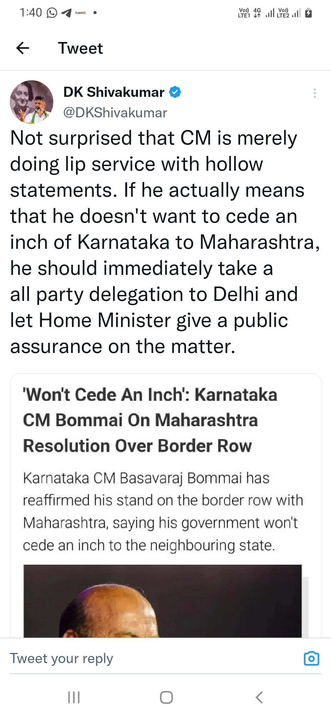 DK Shivakumar Tweet about CM statement