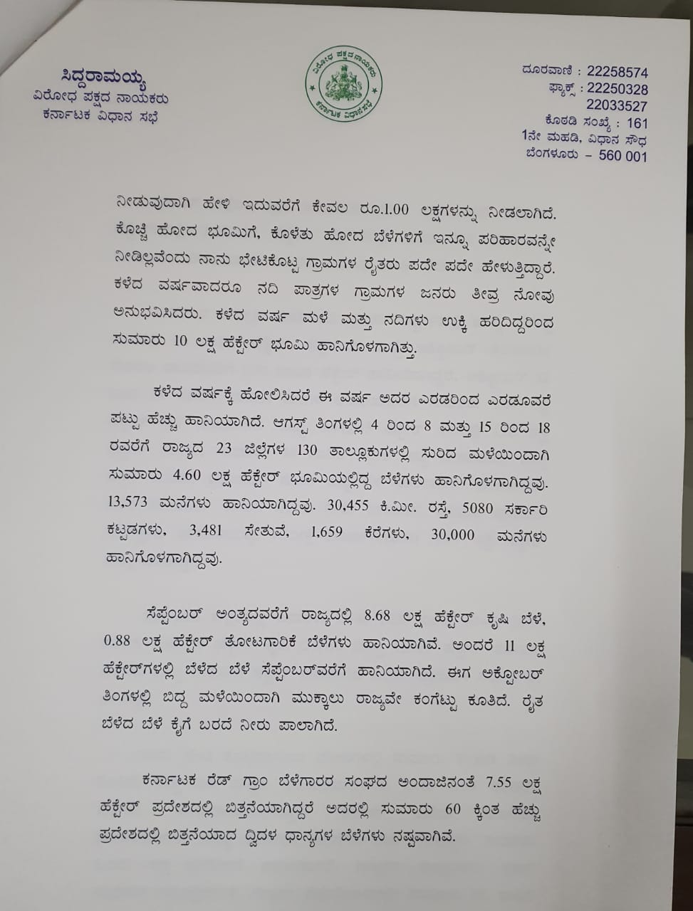 Siddaramaiah letter to CM