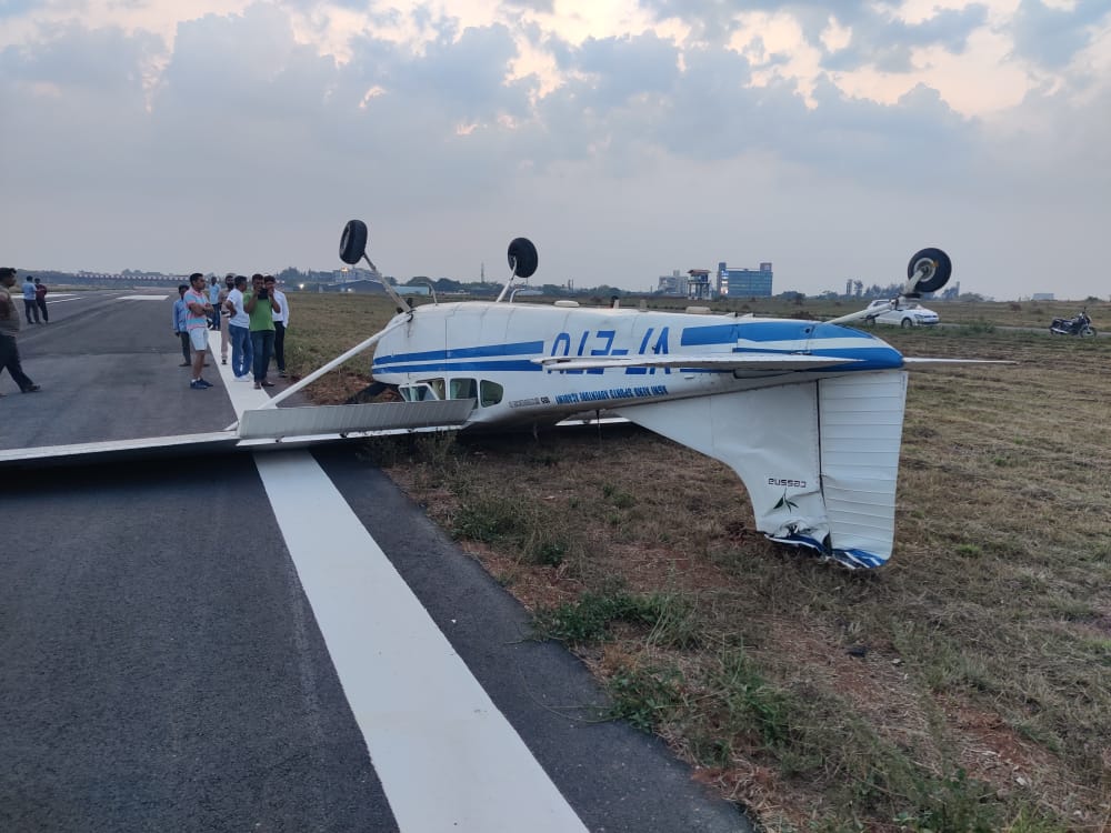 Training aircraft topples on runway at Jakkur Aerodrome