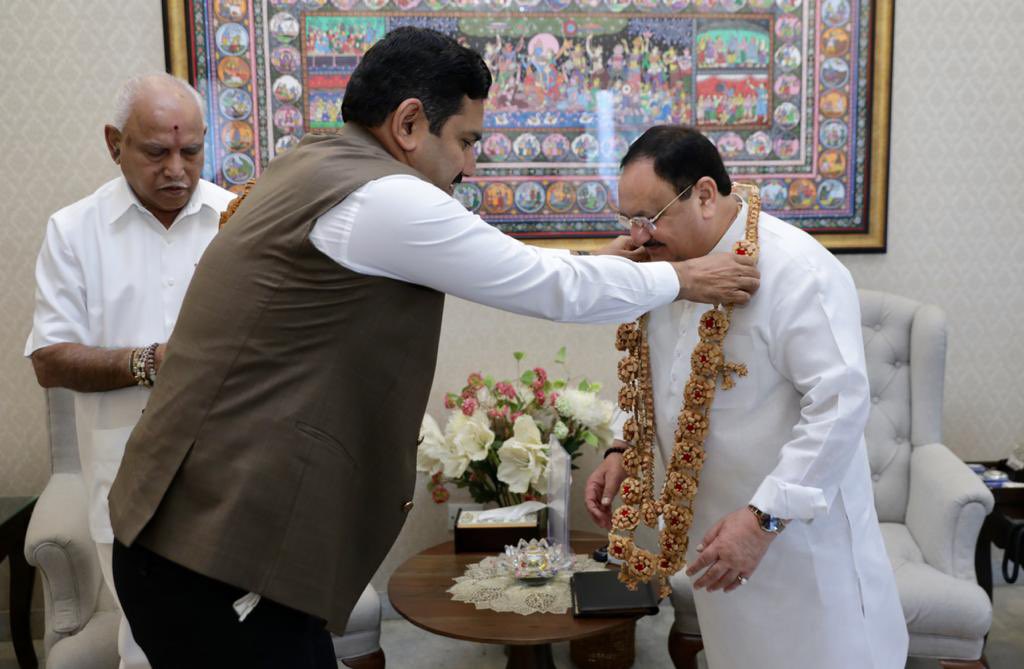 Cm yediyurappa and Vijayendra meets jp nadda