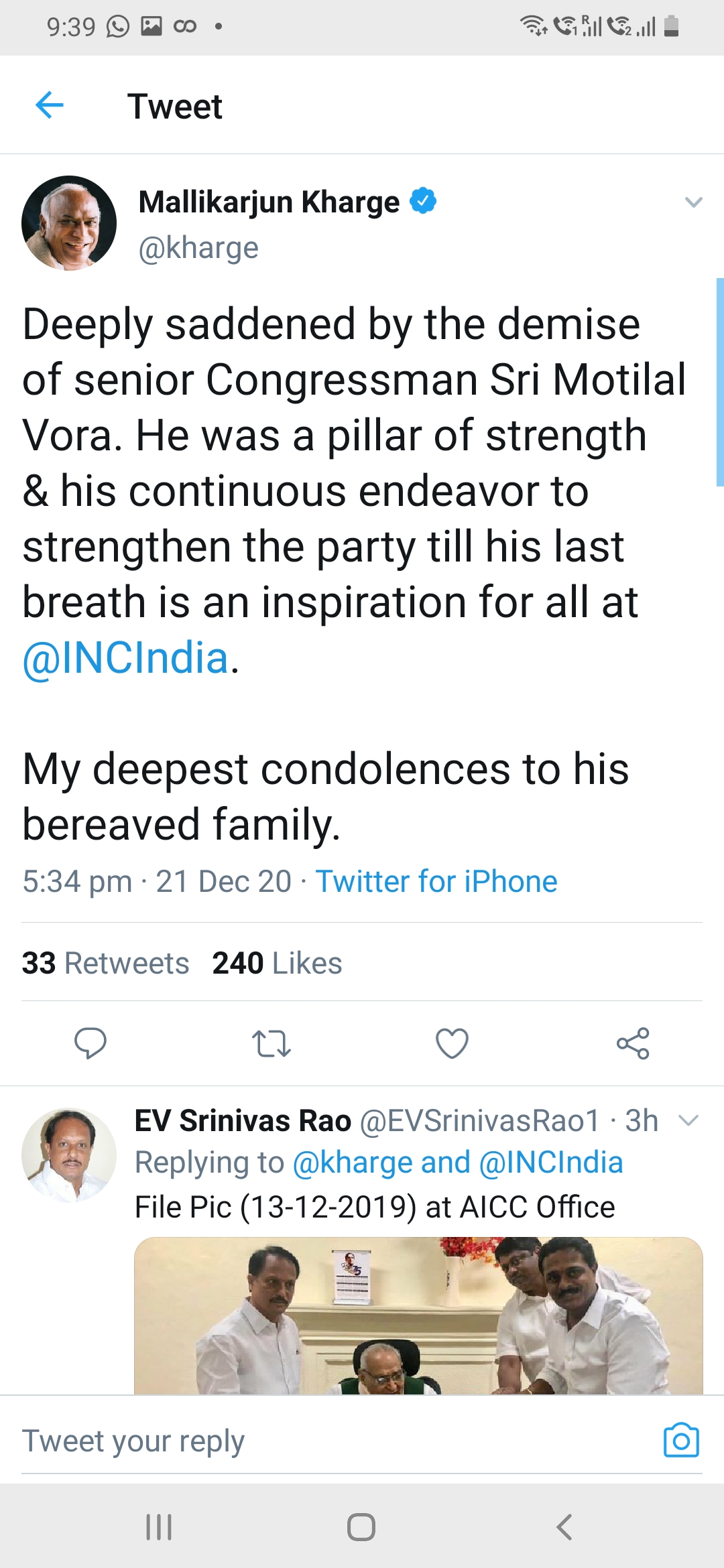 State Congress leaders condole death of Congress veteran Motilal Vora