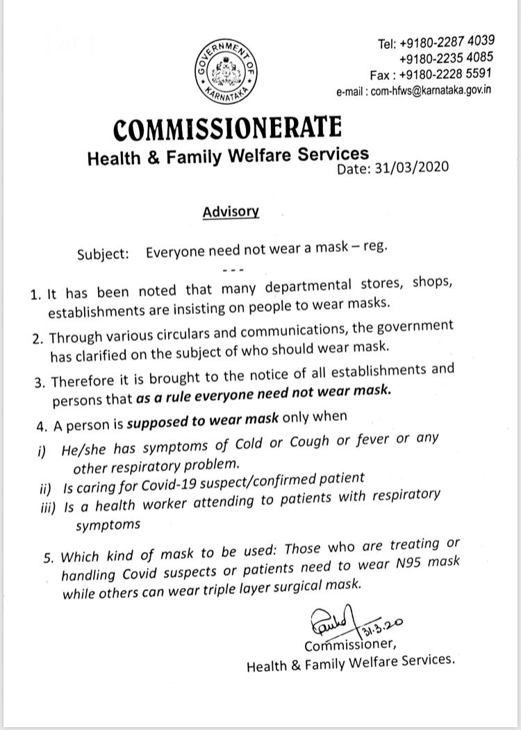 karnataka health department statement on mask wearing