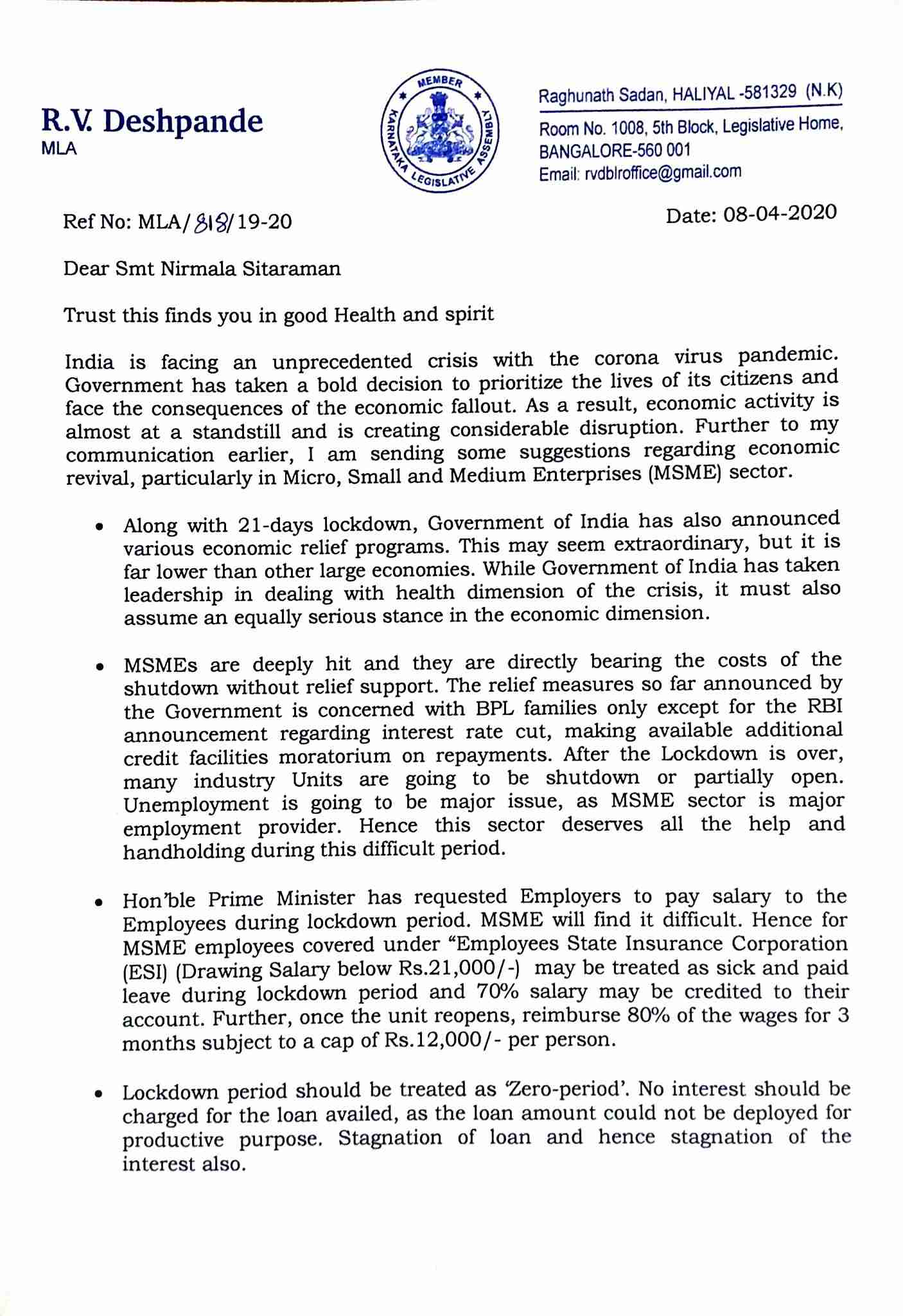 RV Deshpande writes a latter to nirmala seetharaman about MSME