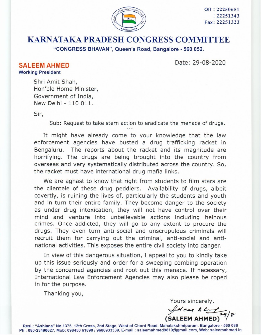 KPCC working president Saleem Ahmed wrote a letter about drug sales