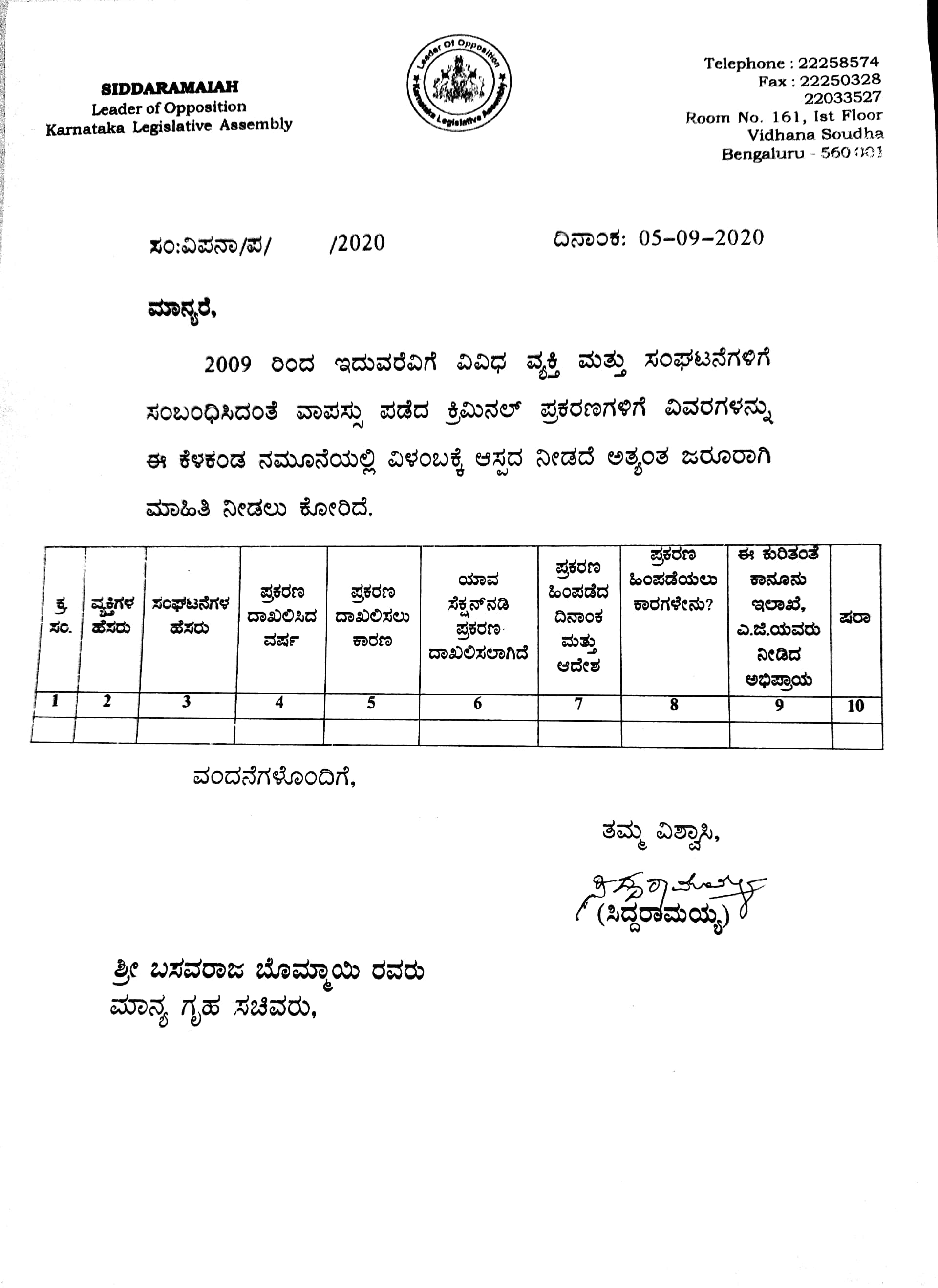 Siddaramaiah has sought information on criminal cases returned in the last 11 years