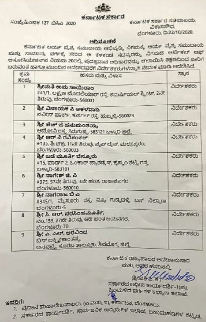 Appointment of Directors for Karnataka Arya Vaishya Community Development Corporation