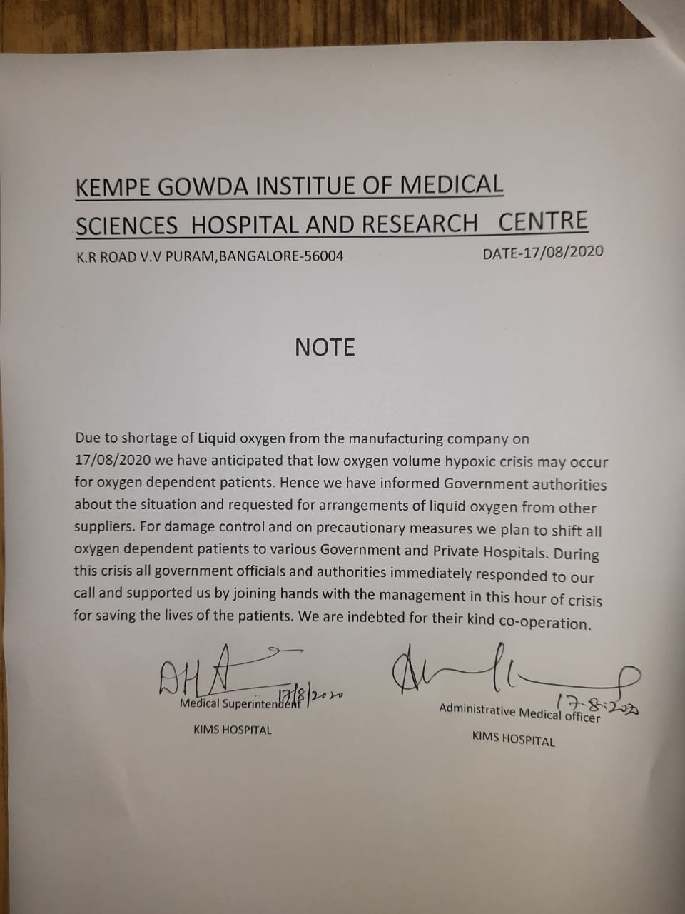 Copy of the letter sent to Karnataka govt regarding the shortage of oxygen supply