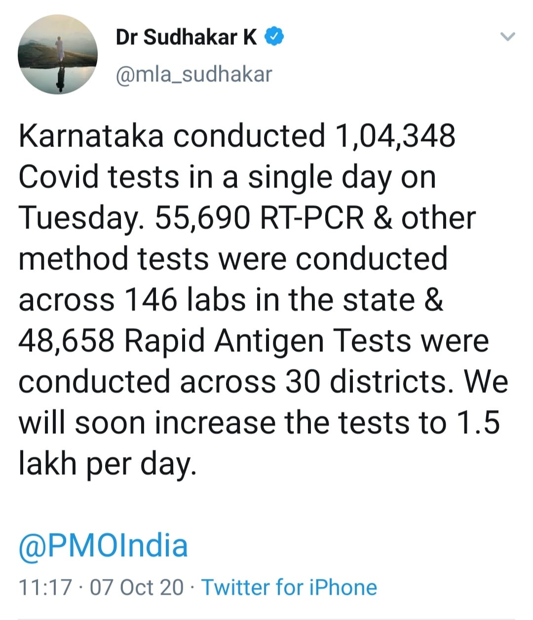 Covid test rate will be increased to 1.5 lakh:  Minister Dr K Sudhakar