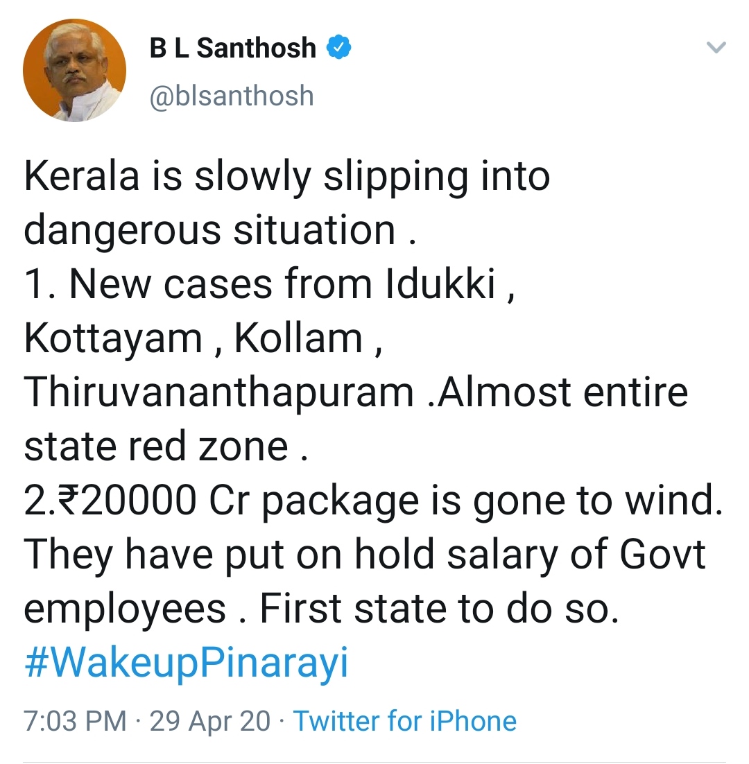 BL Santosh tweet about Kerala status