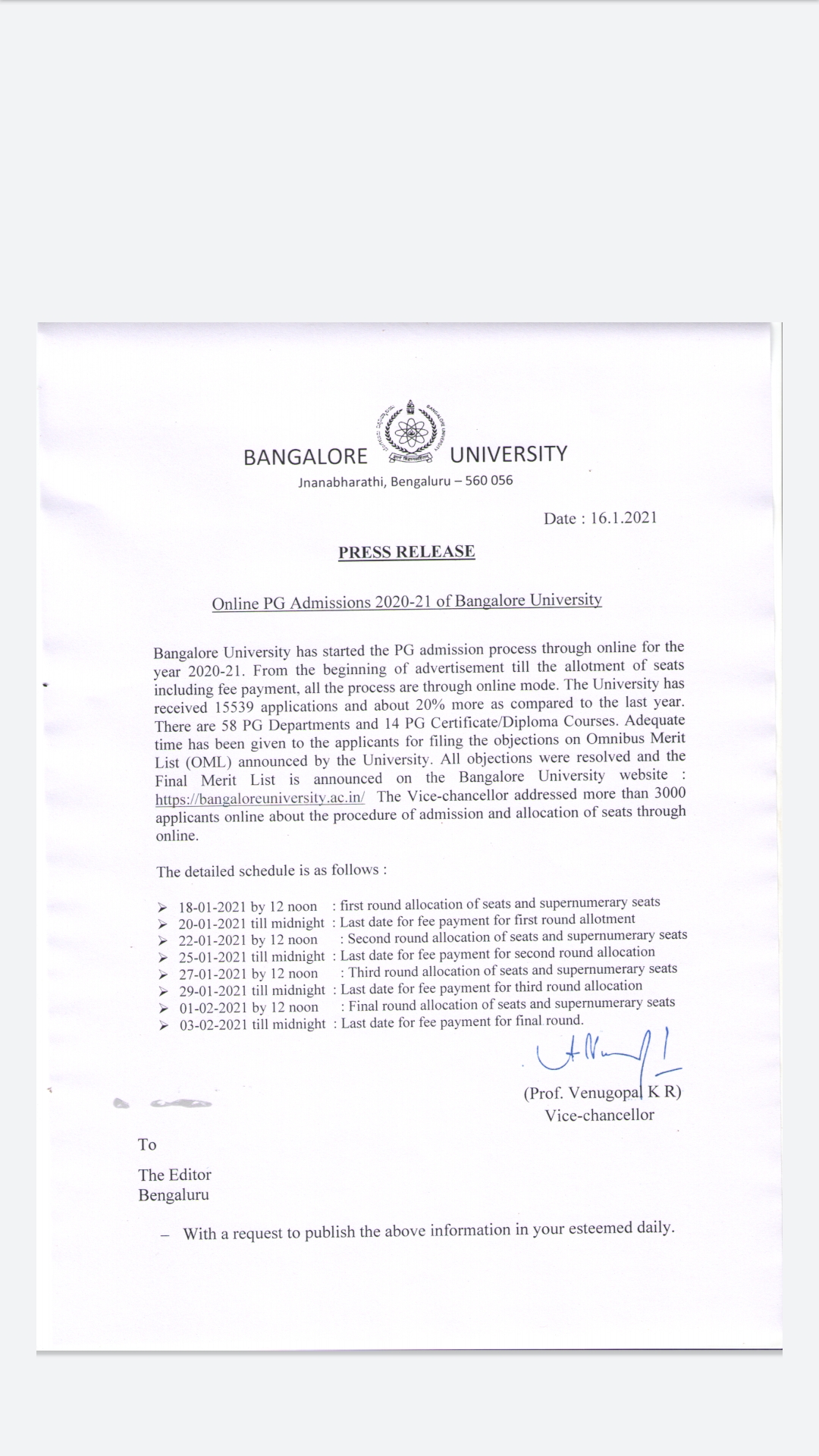 Start of online admission process for postgraduate courses