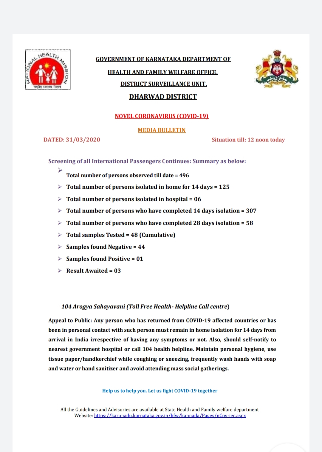 Corona symptoms got three in Dharwad