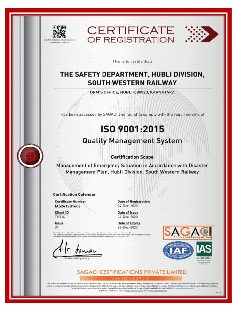 Iso award for Southwest Railway Zone Hubli