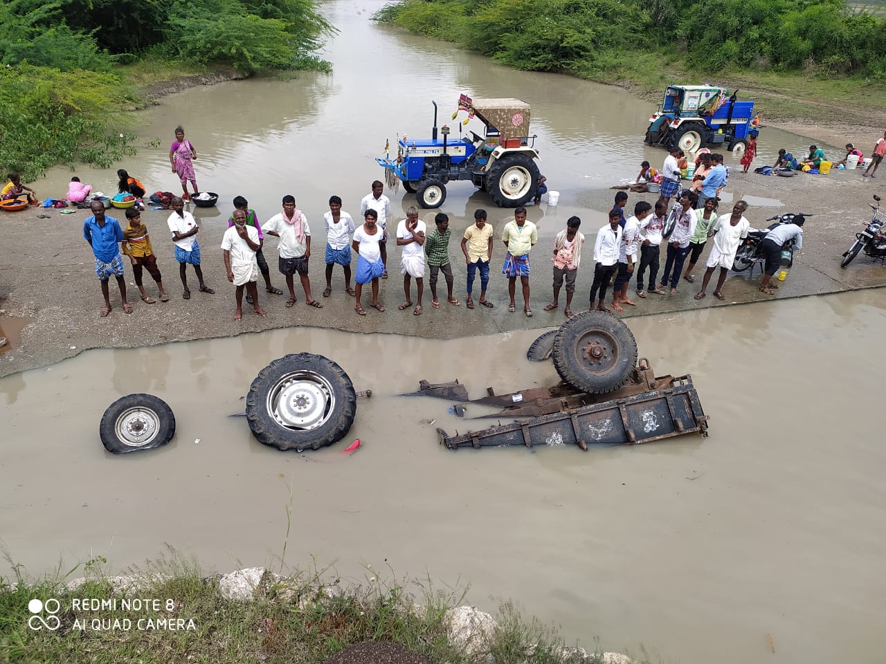 A tractor that rolled over into a stream