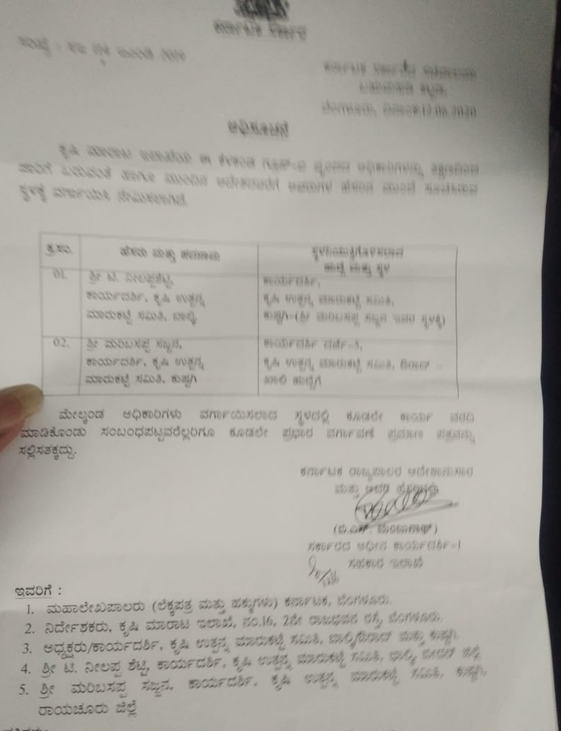 Transfer of Kushtagi APMC Secretary ಕುಷ್ಟಗಿ ಎಪಿಎಂಸಿ ಕಾರ್ಯದರ್ಶಿ ದಿಢೀರ್​ ವರ್ಗಾವಣೆ