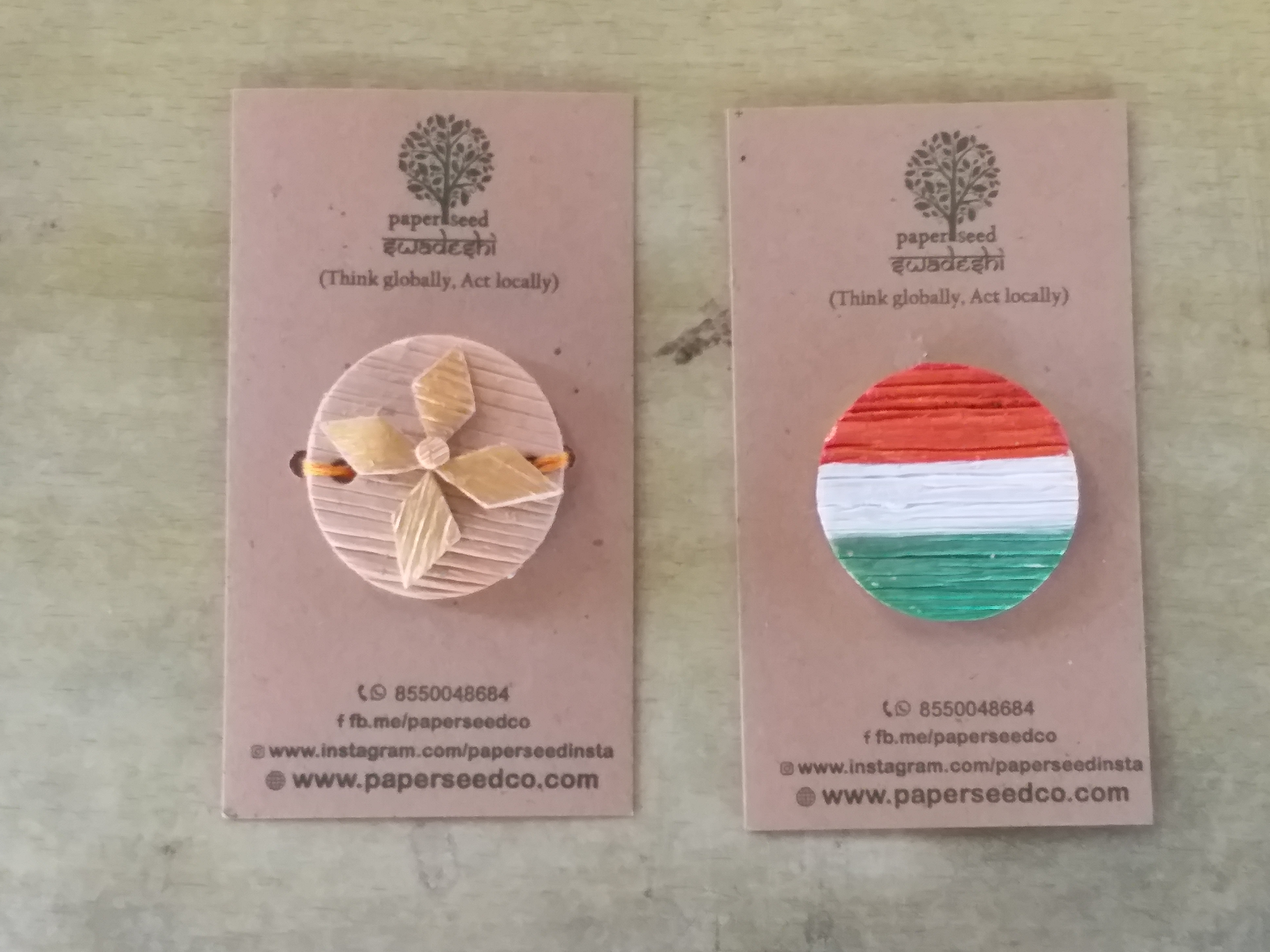 Eco friendly tricolour badges and rakhis made from Areca leaves