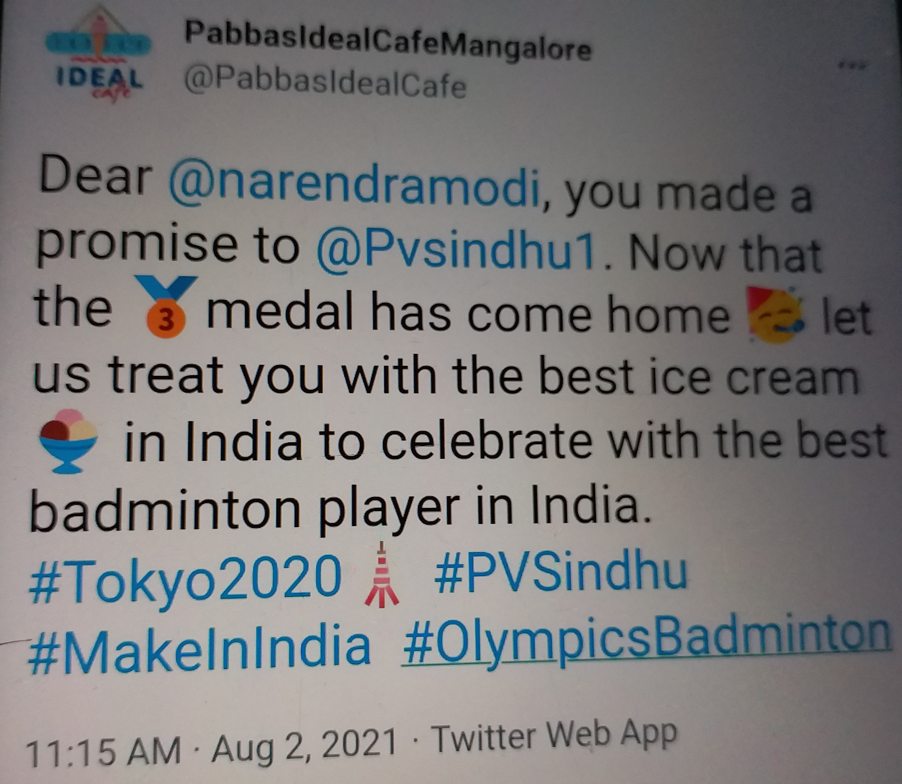 Ice cream treat for PV Sindhu-Modi