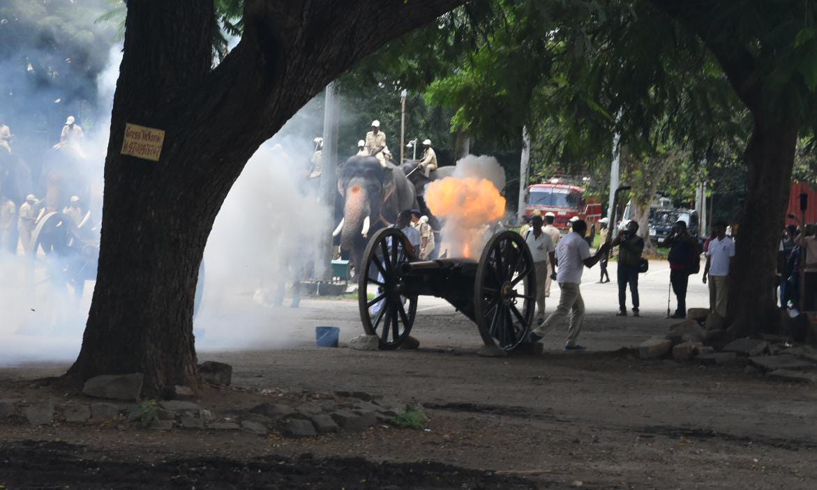 ಕುಶಾಲತೋಪು ತಾಲೀಮಿನ ವೇಳೆ ಬೆಚ್ಚಿಬಿದ್ದ ಗಜಪಡೆ