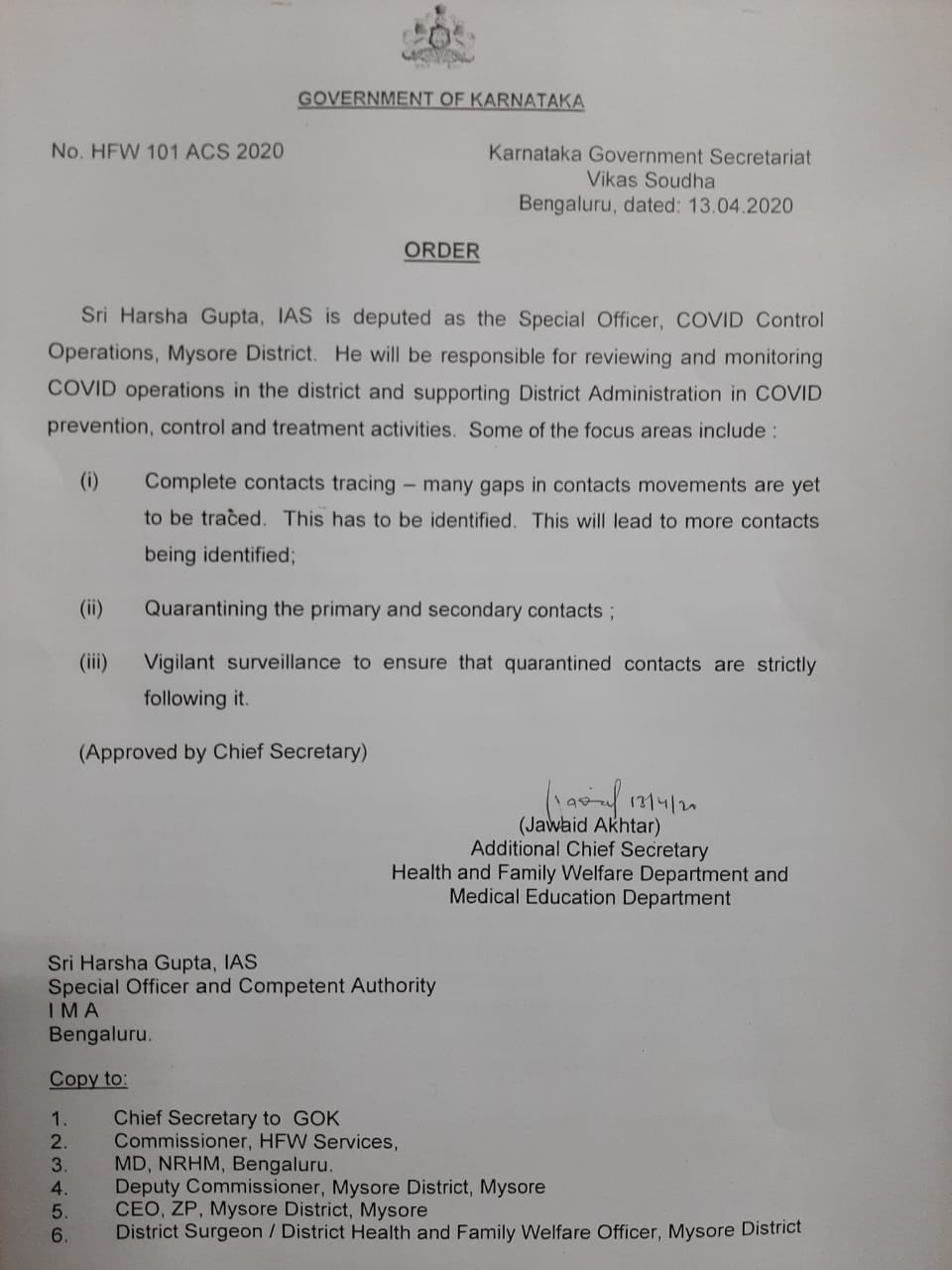 Harshagupta appointed special officer for Mysore district