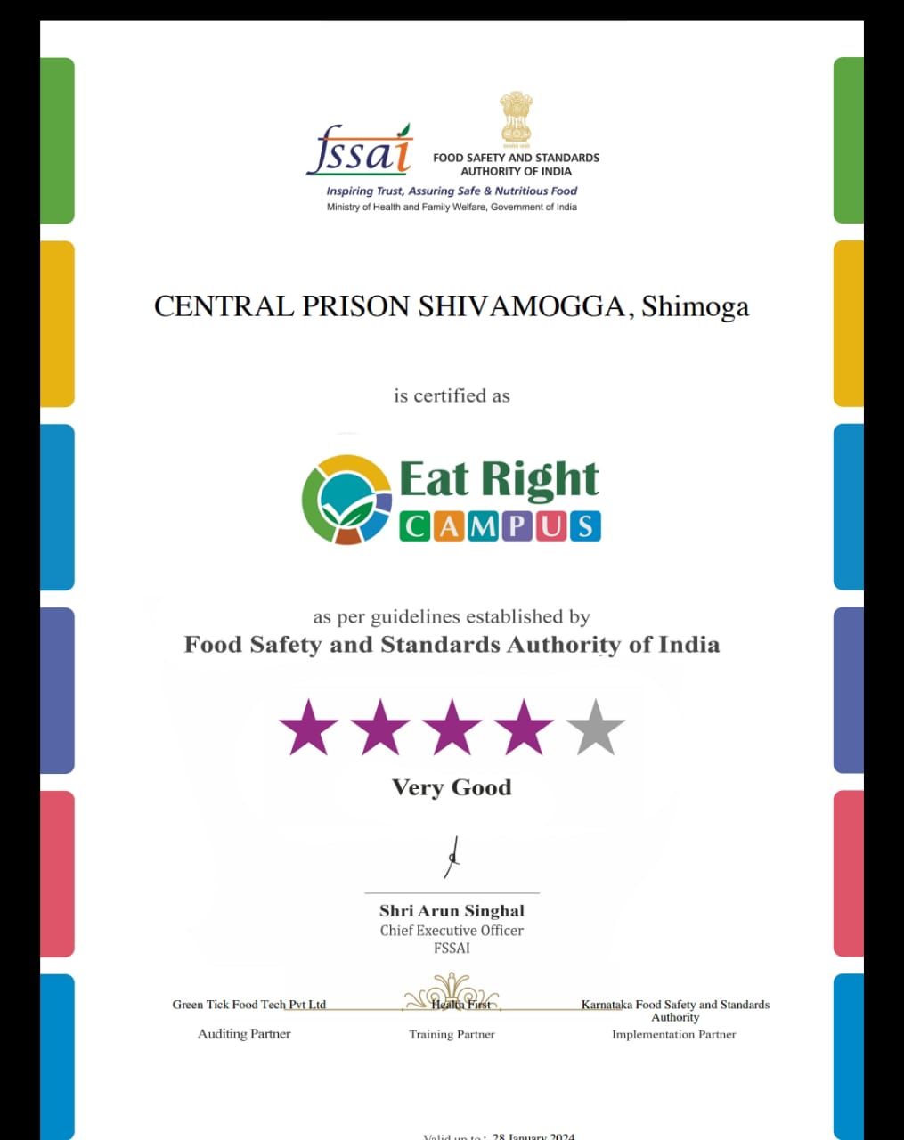 FSSAI Gave four-star to Shimoga prison for maintaining good quality of food