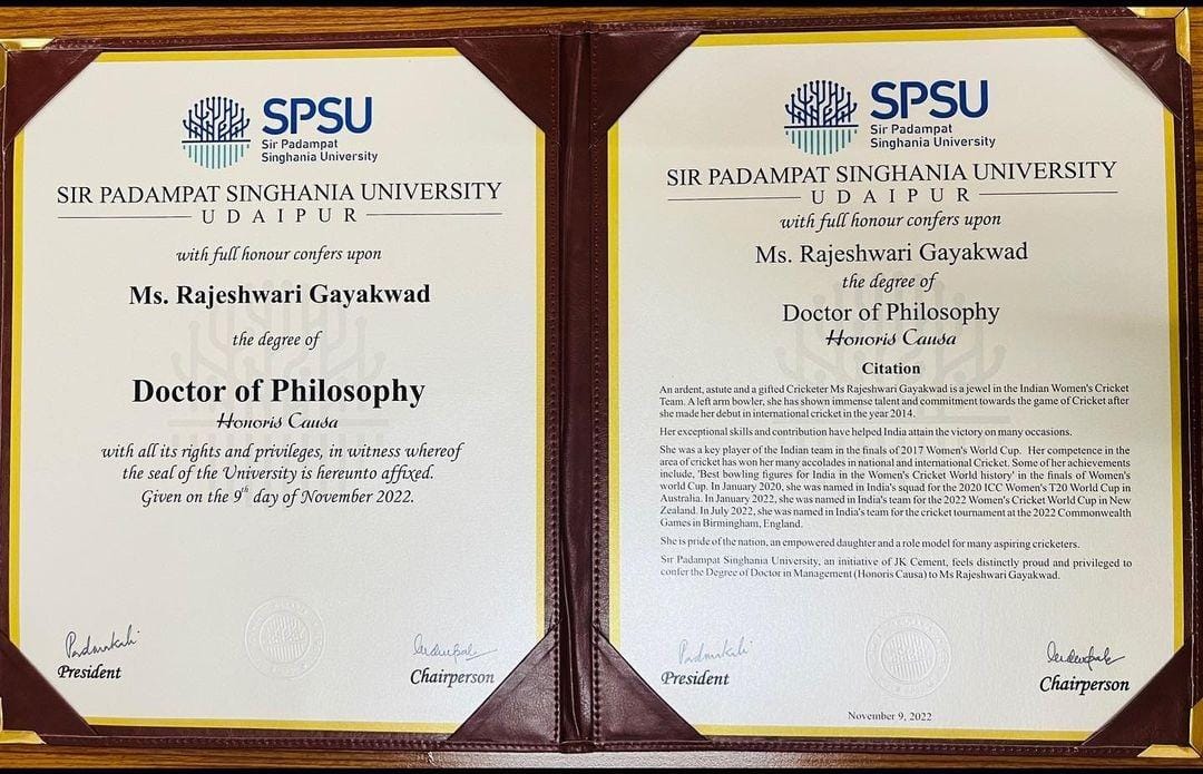 cricketer-rajeshwari-gayakwad-felicitated-with-honorary-doctorate